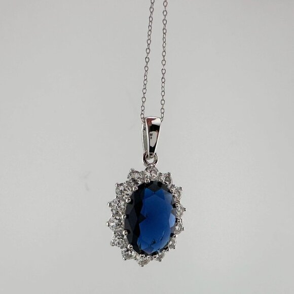 Stunning 6.40 Carat Imperial Lab Created  Blue Sapphire Pendant Necklace - Picture 5 of 16